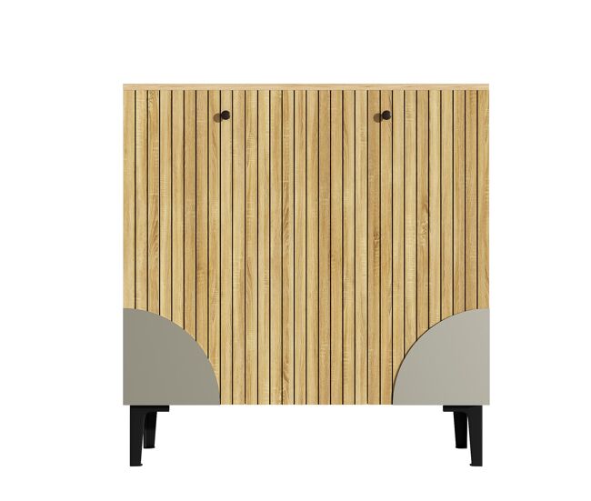 Sapateira moderna 90x32x94 cm - 3 portas, prateleira, estrutura preta, decoração cinzenta - madeira clara