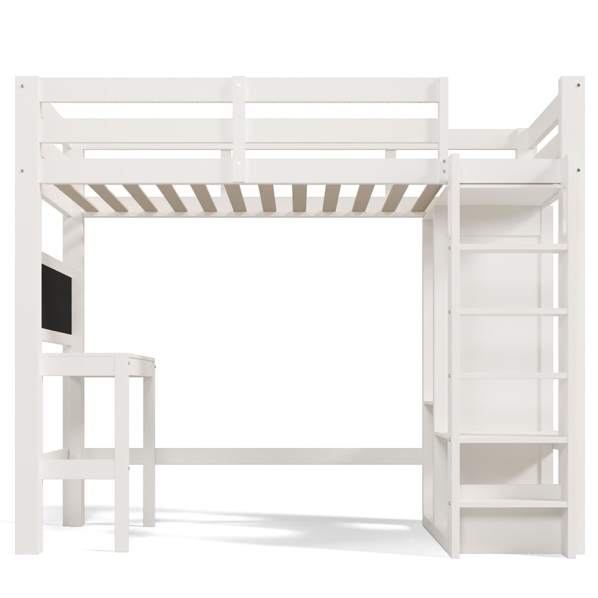 Cama individual alta 90x200 - secretária, armário aberto e prateleiras, com proteção - branco