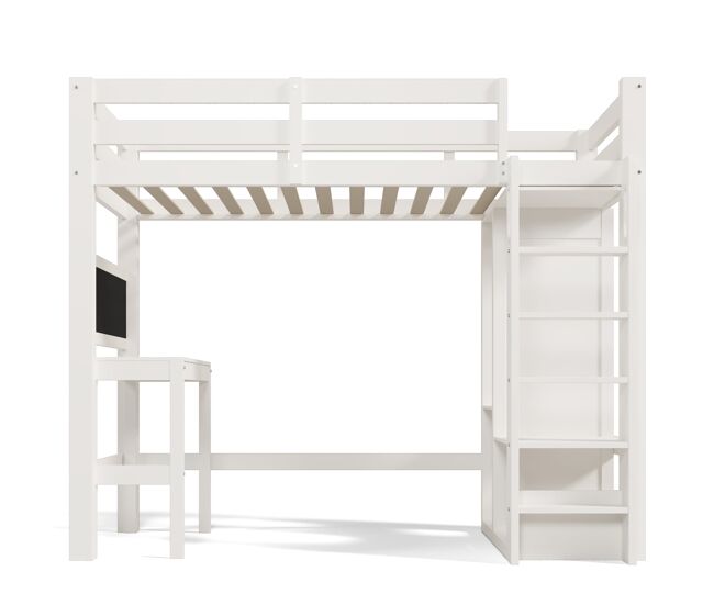 Cama individual alta 90x200 - secretária, armário aberto e prateleiras, com proteção - branco