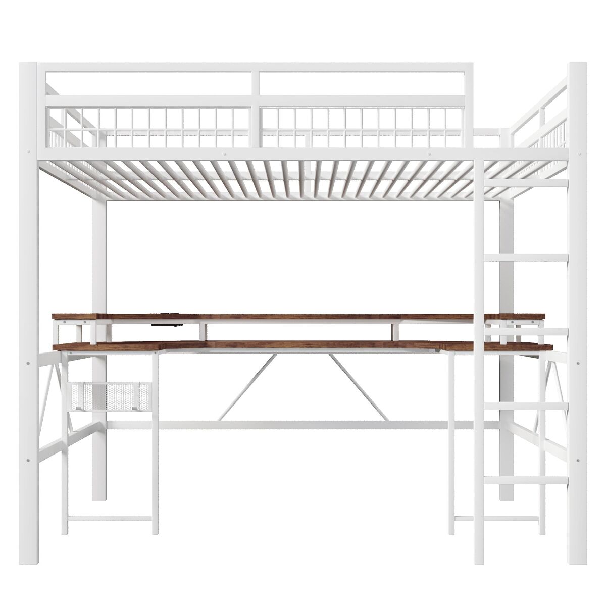 Cama alta + secretária 140x200 cm - led rgb, usb, tipo-c, tomadas, painel perfurado - branco