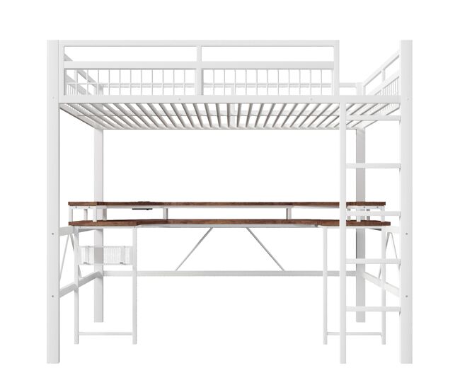 Cama alta + secretária 140x200 cm - led rgb, usb, tipo-c, tomadas, painel perfurado - branco