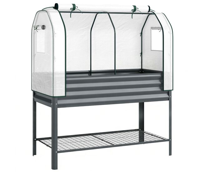 Outsunny mesa de cultivo com cobertura de estufa de 140 g/m² pe mesa de cultivo em metal galvanizado com prateleira inferior e forro para plantação