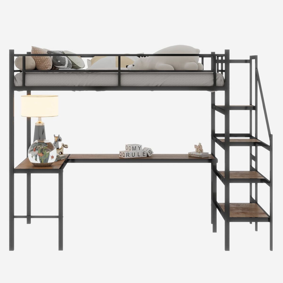 Cama alta com secretária em l - grande capacidade de arrumação, prateleira, estrutura resistente, preta