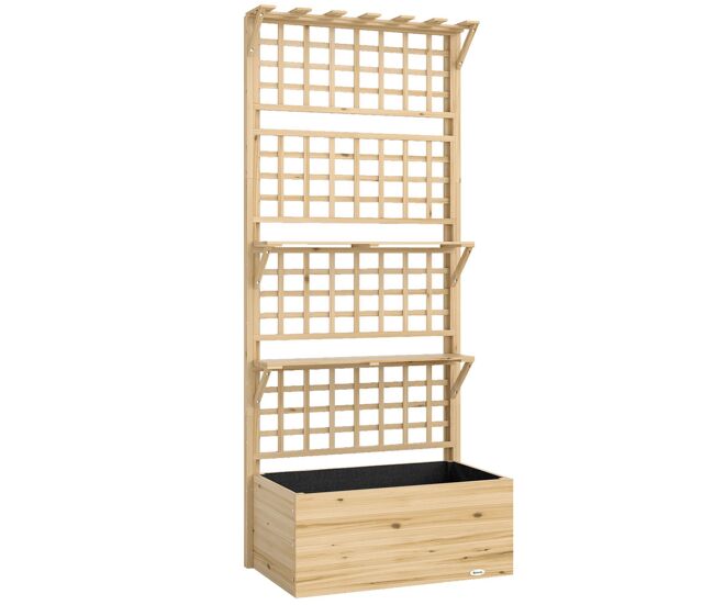 Outsunny jardineira com treliça e teto em madeira, jardineira exterior grande para plantas trepadeiras, com 2 étagères, drenagem e forro, floreira elevada para pátio, terraço, 76x43,5x177 cm, natural