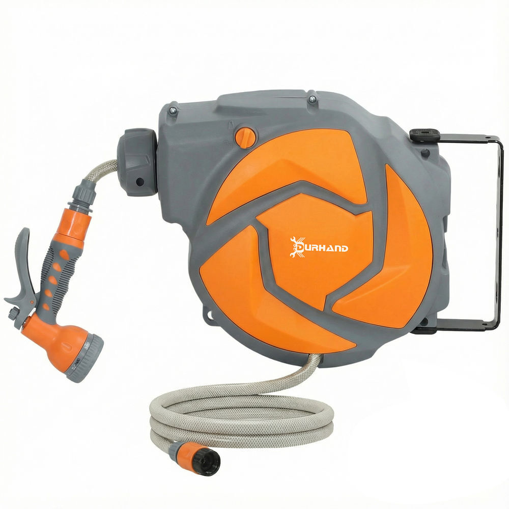 Durhand carretel de mangueira de jardim 10+1 m com bocal de 7 funções, mangueira retrátil de parede, giratória a 180°, com retorno automático, gris escuro e orange