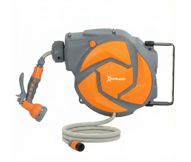 Durhand carretel de mangueira de jardim 10+1 m com bocal de 7 funções, mangueira retrátil de parede, giratória a 180°, com retorno automático, gris escuro e orange