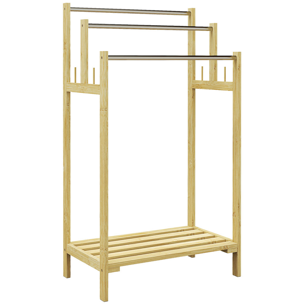 Homcom toalheiro de pé de bambu toalheiro escada para casa de banho com 3 barras de acier inox étagère aberta 4 ganchos estilo moderno 50,5x31x90 cm madeira