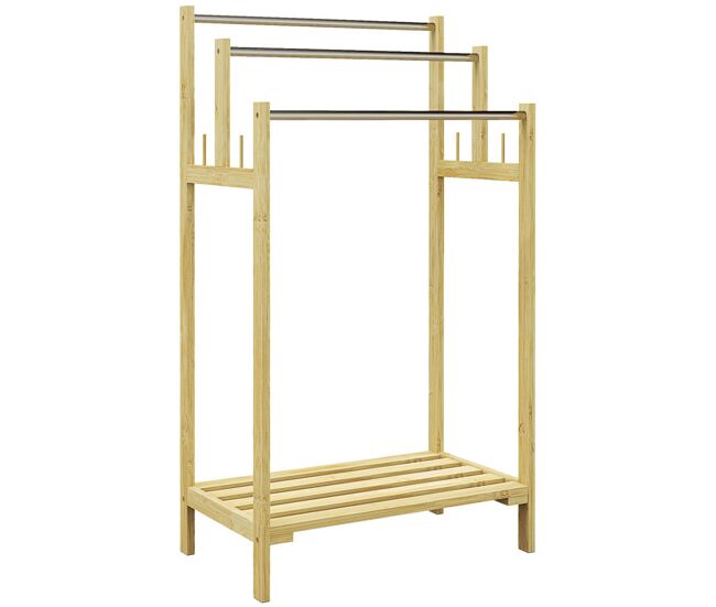Homcom toalheiro de pé de bambu toalheiro escada para casa de banho com 3 barras de acier inox étagère aberta 4 ganchos estilo moderno 50,5x31x90 cm madeira