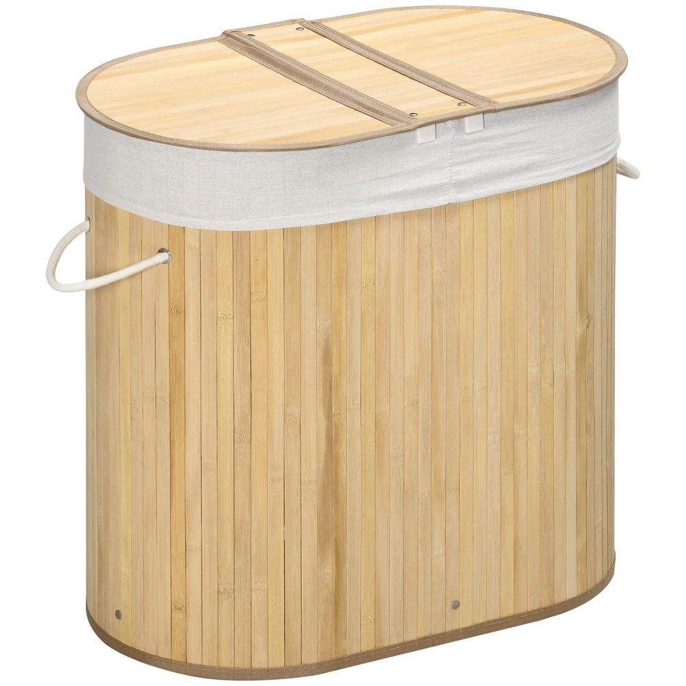 Homcom cesto de roupa suja com tampa 100l cesto de bambu com 2 compartimentos forro interior removível e lavável alças para lavandaria quarto 62,5x37x60,5 cm madeira