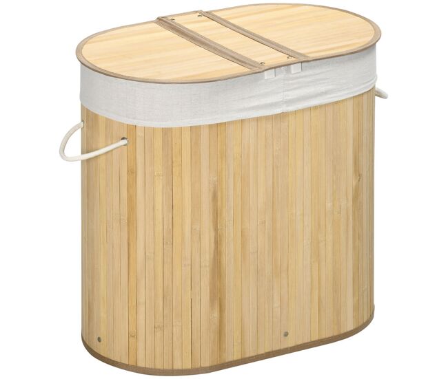 Homcom cesto de roupa suja com tampa 100l cesto de bambu com 2 compartimentos forro interior removível e lavável alças para lavandaria quarto