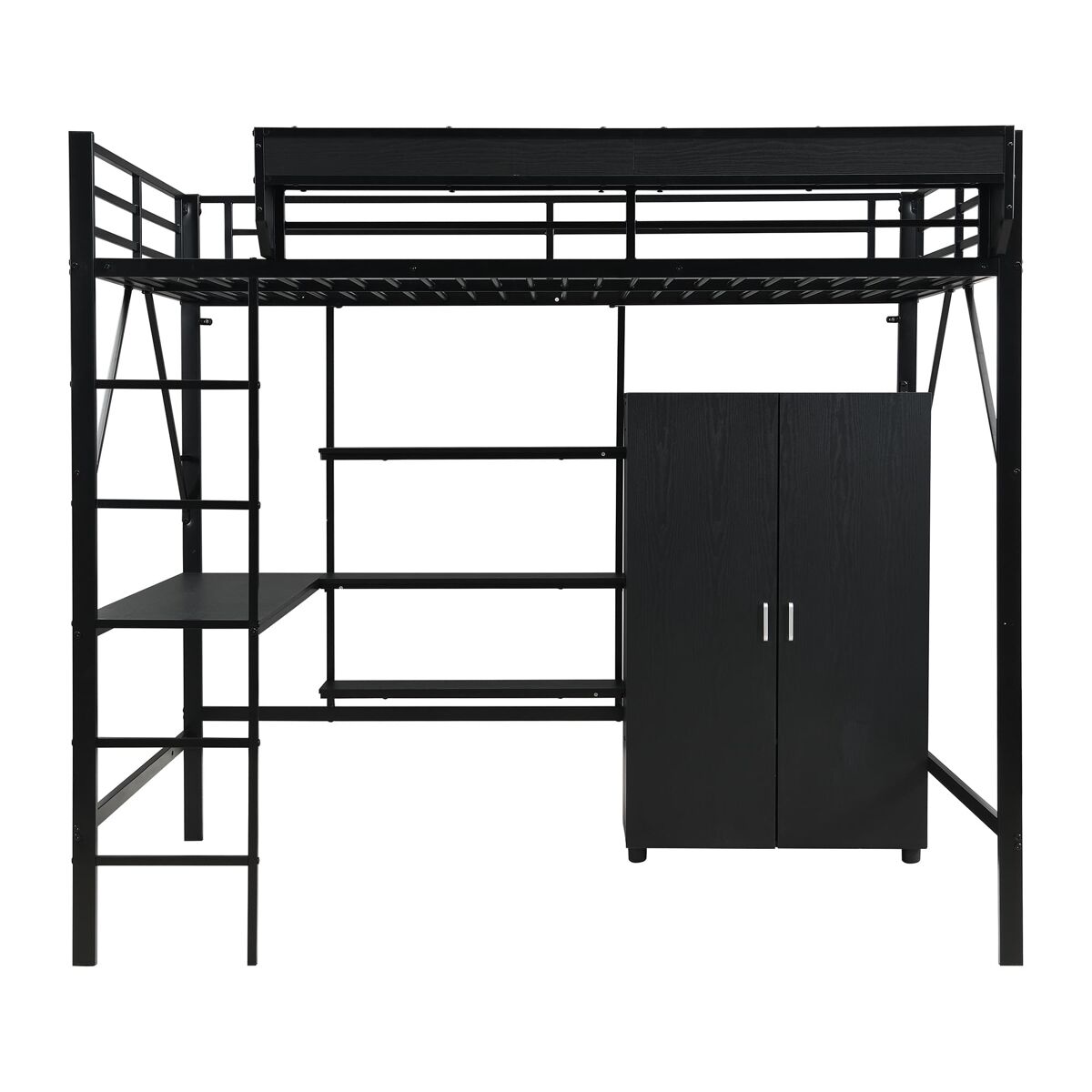 Cama alta 140x200 cm - beliche com secretária e armário, armazenamento duplo - preto