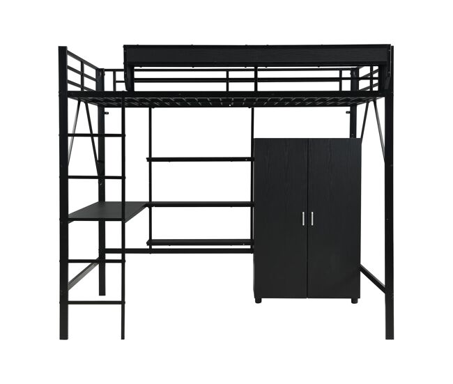 Cama alta 140x200 cm - beliche com secretária e armário, armazenamento duplo - preto
