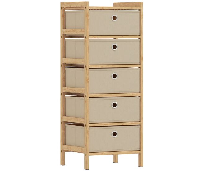 Homcom cómoda com 5 gavetas em tecido, estrutura de bambu, ideal para espaços pequenos, sala, escritório ou closet, creme e madeira