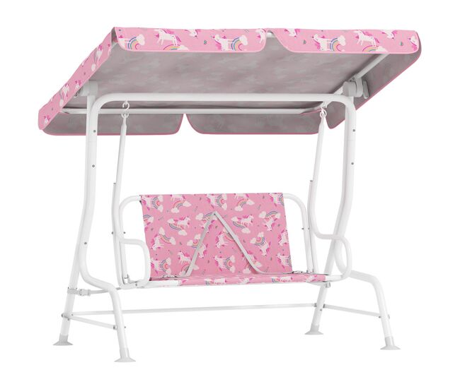 Aiyaplay baloiço de jardim exterior infantil de 2 lugares, baloiço de jardim com toldo ajustável, cintos de segurança, design de unicórnio e arco-íris