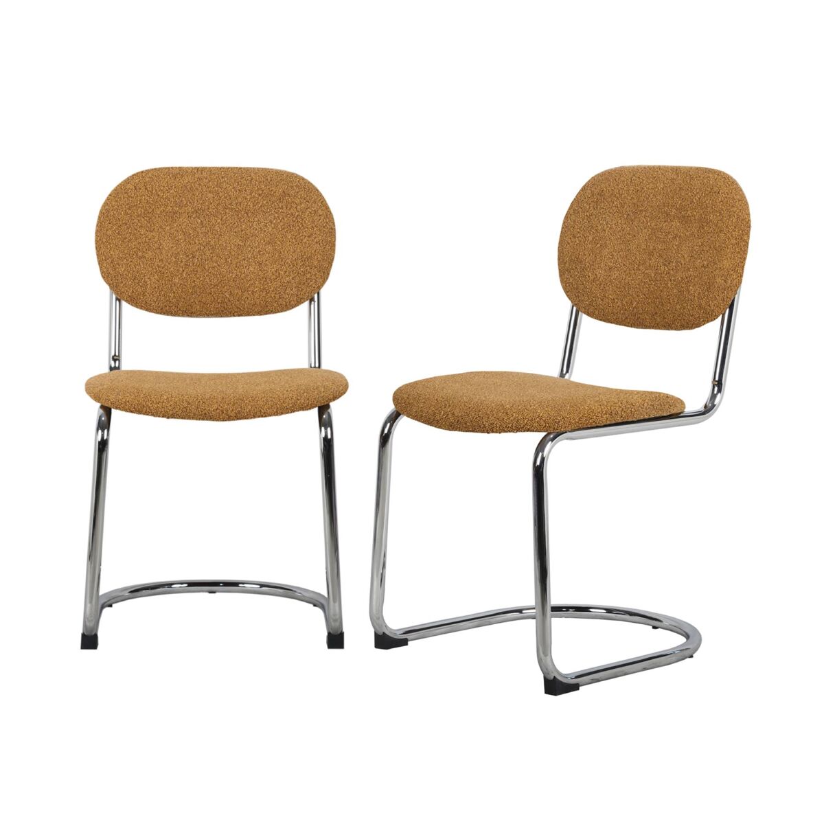 Cadeira arredondada em metal, boucle texturizado e pés cromados, set de 2, maloa boucle, mostarda, 47x54.5x81 cm