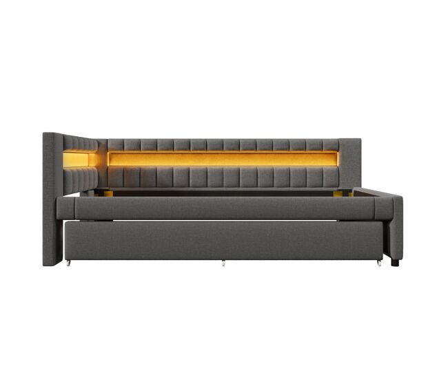 Sofá-cama 90x200 cm - led com comando, cama extra, usb + type-c, linho - cinzento