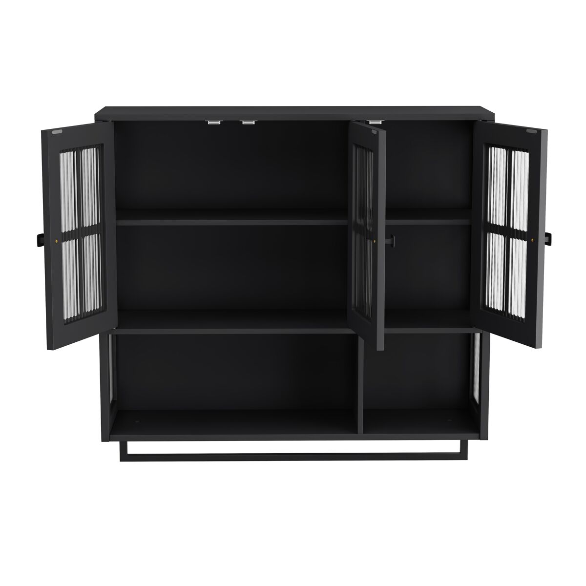 Armário de casa de banho 88 cm - 3 portas, arrumação aberta e oculta, porta de vidro, barra para toalhas - preto