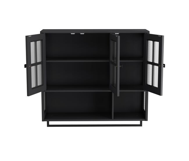Armário de casa de banho 88 cm - 3 portas, arrumação aberta e oculta, porta de vidro, barra para toalhas - preto
