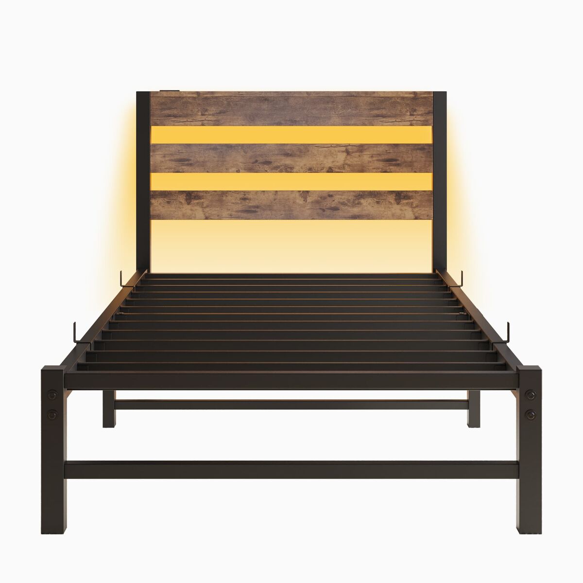 Cama individual 90x200 - led, usb, arrumação debaixo da cama, metal - preto e castanho