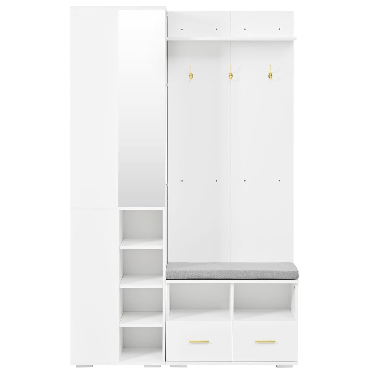 Conjunto de hall de entrada 120x35x190 cm - armário, cabide, sapateira, espelho, 3 ganchos, 2 gavetas - branco
