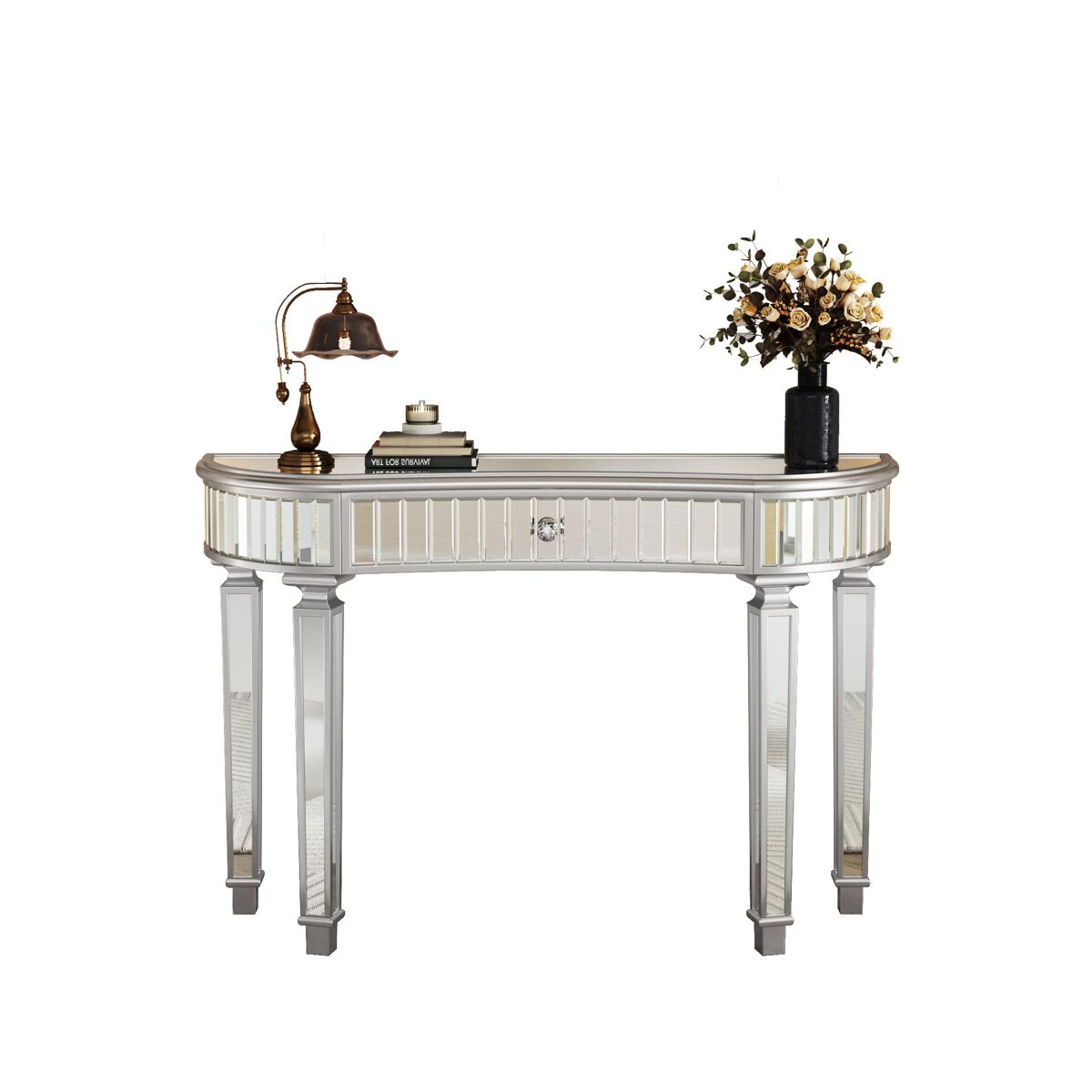 Mesa consola meia-lua 120 cm - luxo, espelho canelado, gaveta com puxador de vidro - cinza/prata