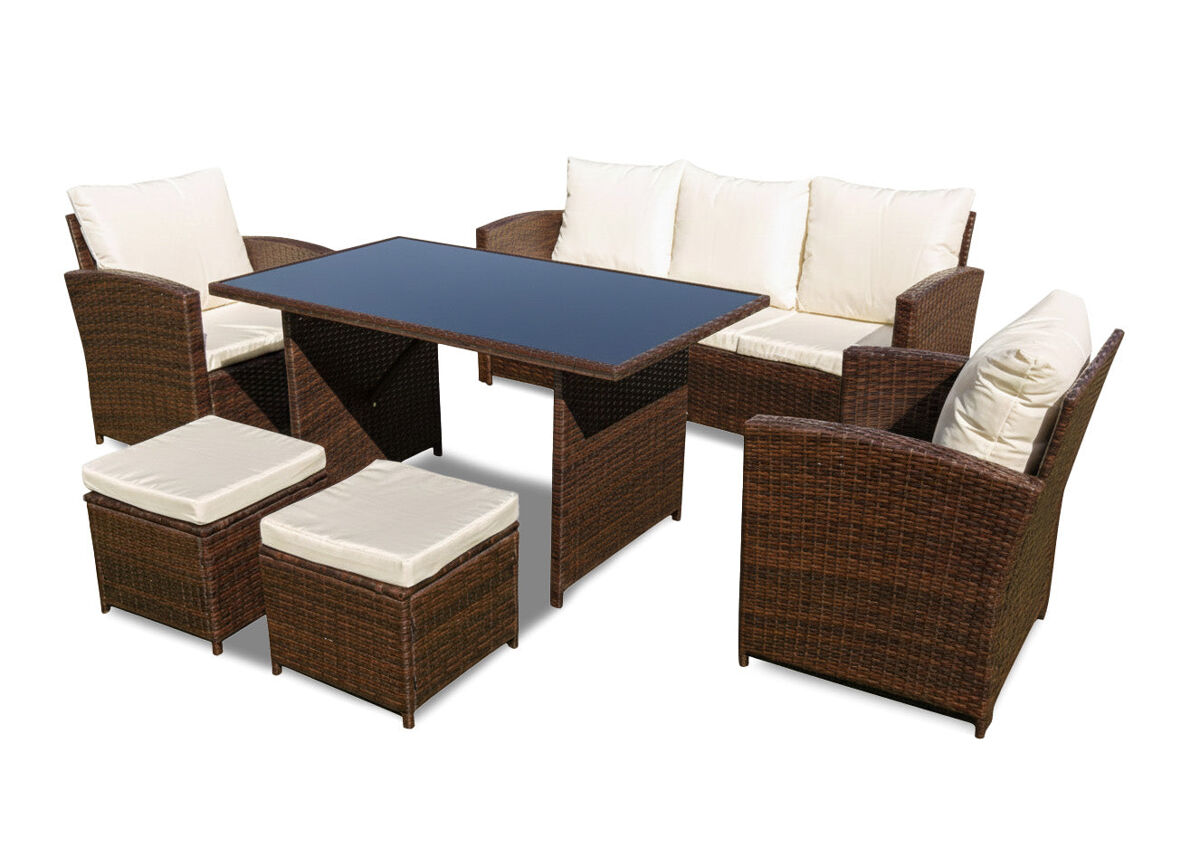 Sofá + mesa + 2 poltronas + 2 pufes rattan pe. móveis de jardim e exterior, marrom