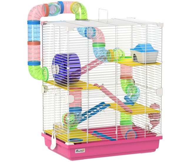 Pawhut jaula para hamster de 5 níveis, casa para roedores pequenos com túnel, plataformas, tigela, bebedouro, casinha, rampas e roda de exercício, para gerbos, 46x30x58 cm, rosa