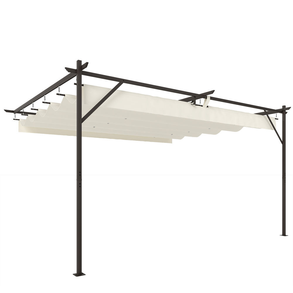 Outsunny Pérgola De Parede De Jardim 4X3 M Pérgola De Jardim Com Telhado Retrátil Proteção Upf30+ Orifícios De Drenagem E Estrutura Metálica Pérgola Para Terraço Jardim Exterior Creme Castanho