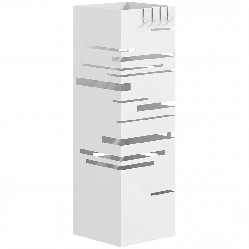 Homcom suporte para guarda chuva metálico com 4 ganchos e bandeja de recolha de gotas removível porta guarda chuva blanc para entrada escritório 15,5x15,5x49 cm blanc
