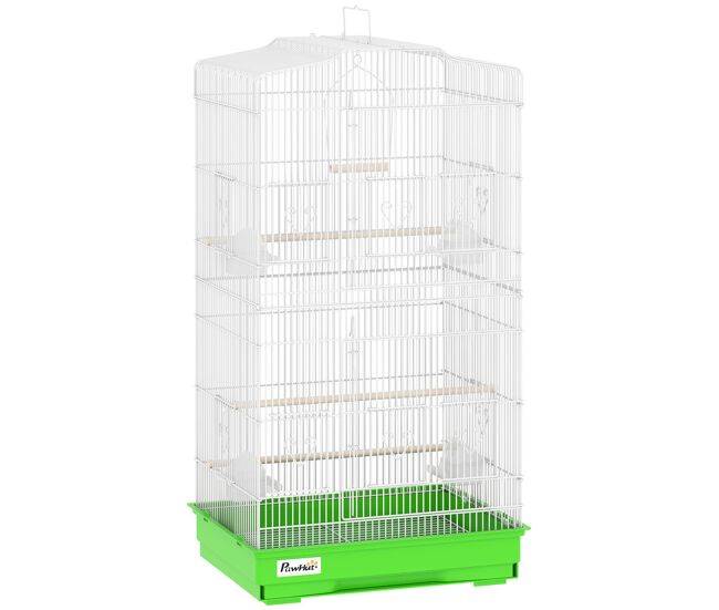 Pawhut gaiola para pássaros, gaiola de metal com portas 4 comedouros 3 poleiros baloiço bandeja removível e alça de transporte para loro canário