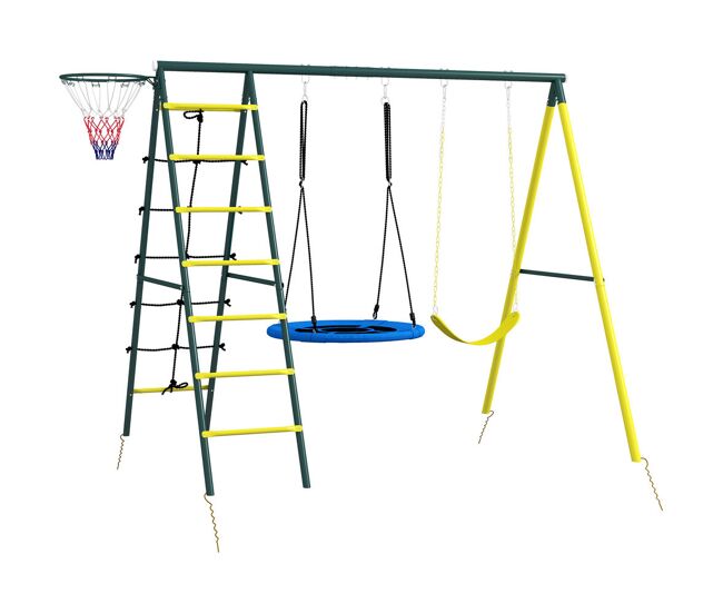Outsunny baloiço infantil 4 em 1 com baloiço ninho e individual rede de escalada cesto de basquetebol escada carga 160 kg para exterior parque