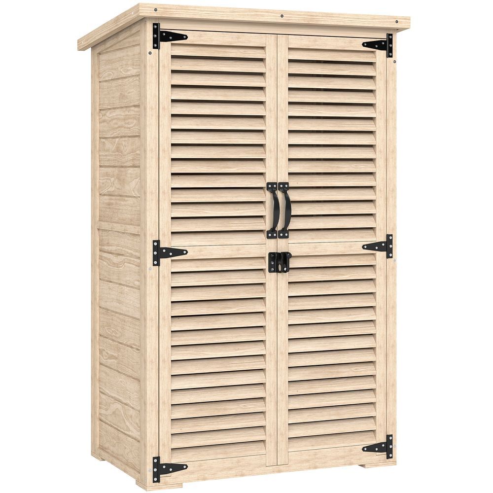 Outsunny armário jardim de madeira 75x50x118 cm armário de exterior armário para ferramentas com 2 portas de persiana 2 estantes e telhado impermeável