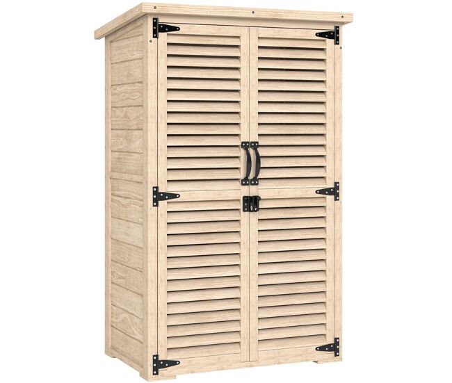 Outsunny armário jardim de madeira 75x50x118 cm armário de exterior armário para ferramentas com 2 portas de persiana 2 estantes e telhado impermeável