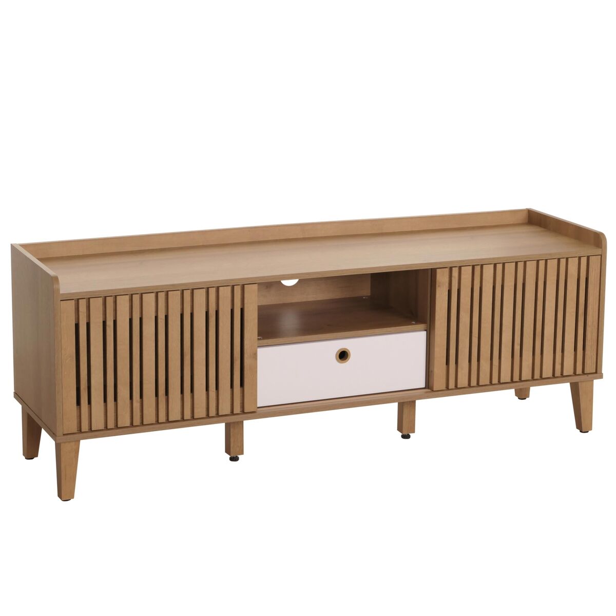 Móvel para tv com porta de correr 3 compartimentos de arrumação madeira de mangueira 56 x 150 x 40 cm gaveta branca 04_0007870