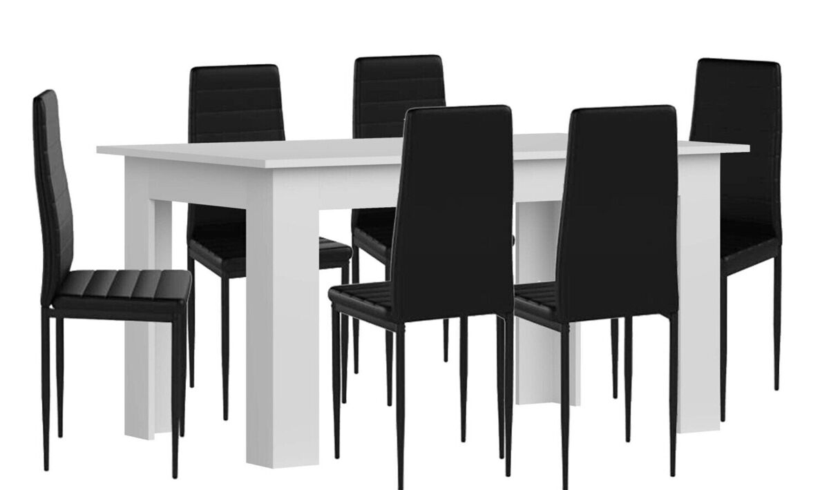 Pacote mesa de jantar ou cozinha + 6 cadeiras em couro sintético/metal