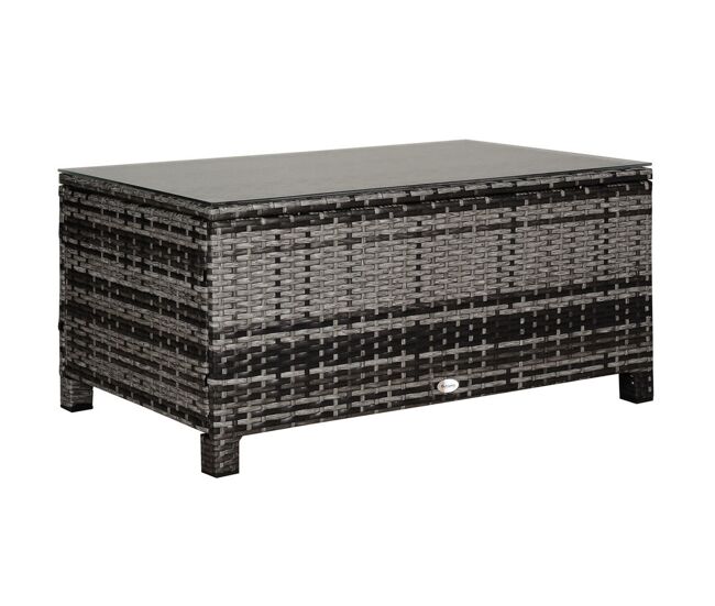 Outsunny mesa de jardim em vime sintético mesa auxiliar com vidro temperado para terraço pátio, varanda 85x50x39 cm cinzento