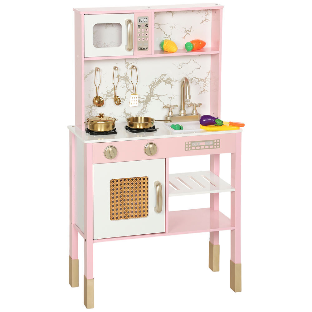 Aiyaplay cozinha de brincar em madeira com som cozinha infantil com acessórios em aço inoxidável micro-ondas forno lava-loiças legumes para cortar