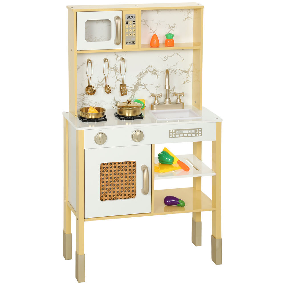 Aiyaplay cozinha de brincar em madeira com som cozinha infantil com acessórios em acier inox micro-ondas forno lava-loiças legumes para cortar para enfants a partir de 3 anos 55x24x96 cm doré