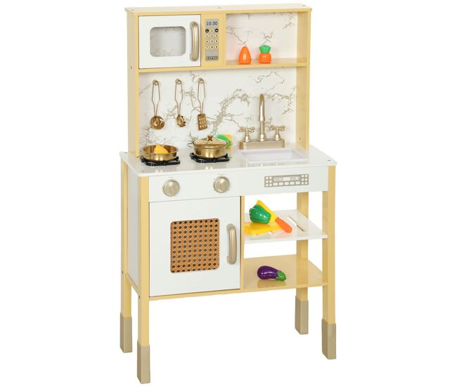 Aiyaplay cozinha de brincar em madeira com som cozinha infantil com acessórios em acier inox micro-ondas forno lava-loiças legumes para cortar para enfants a partir de 3 anos 55x24x96 cm doré