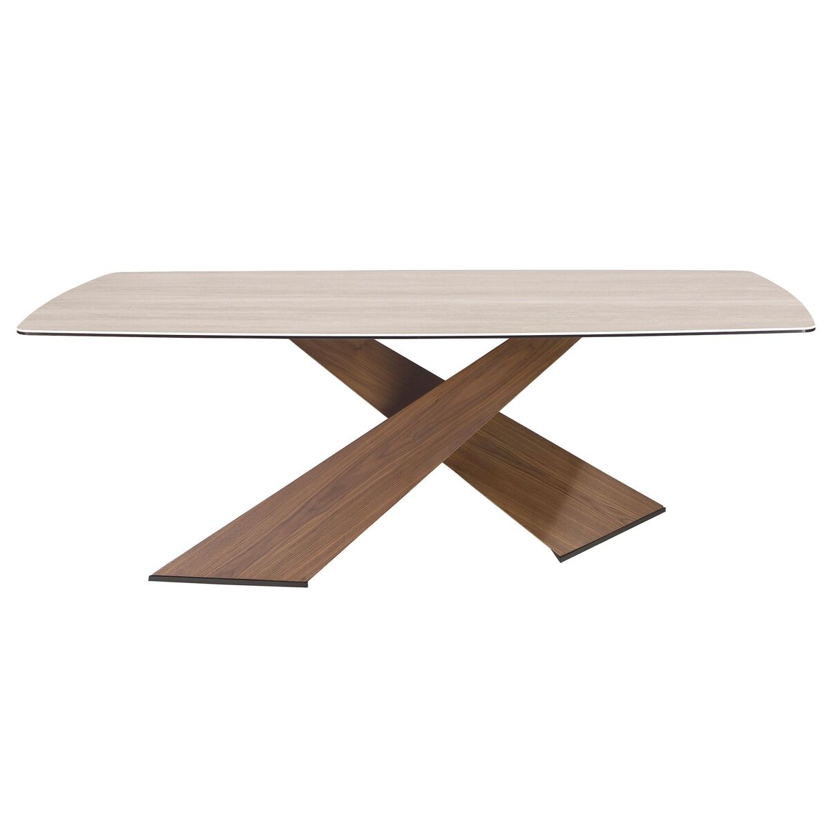Mesa de jantar ovalada barril porcelanato areia com pés nogueira angel cerdá