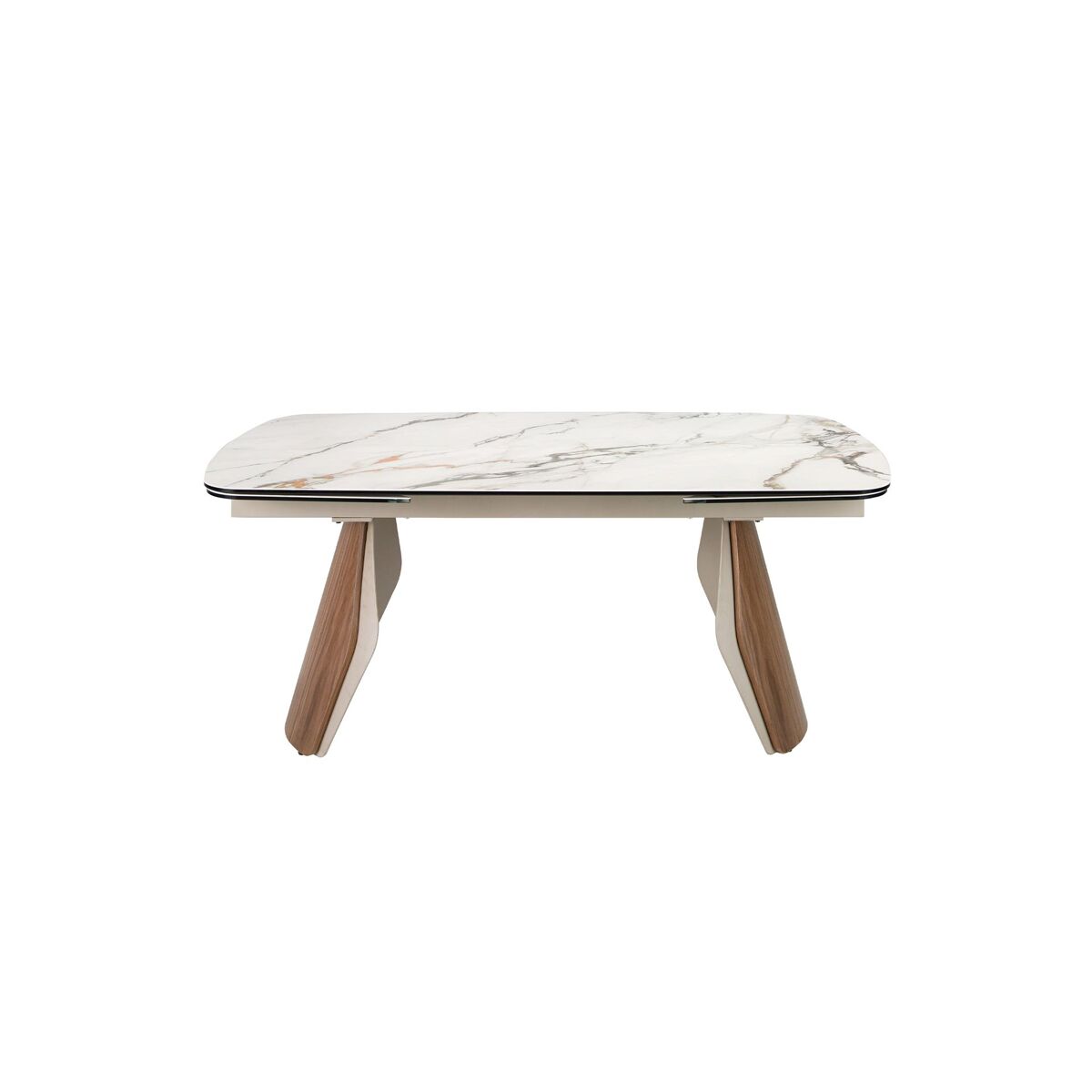 Mesa de jantar extensível oval em forma de barril mármore porcelânico, acier cor areia metalizado e nogueira