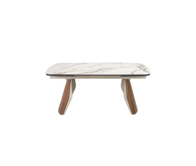 Mesa de jantar extensível oval em forma de barril mármore porcelânico, acier cor areia metalizado e nogueira