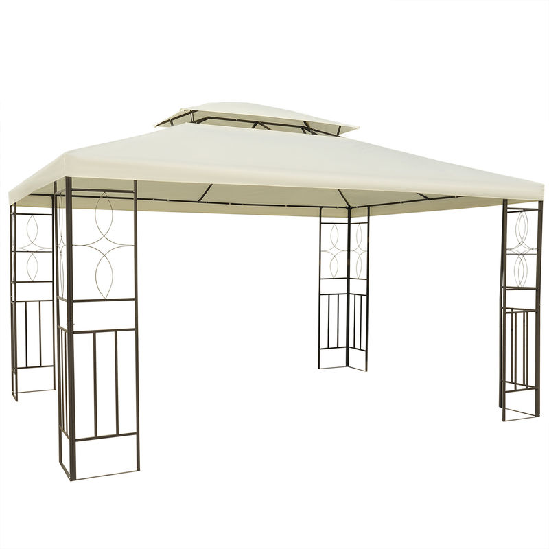 Outsunny Pérgola De Jardim 4X3 M Toldo De Jardim Com Telhado Duplo Estrutura De Aço, 8 Orifícios De Drenagem Upf30+ Tenda Para Exterior Terraço Pátio Festas Branco Creme Castanho