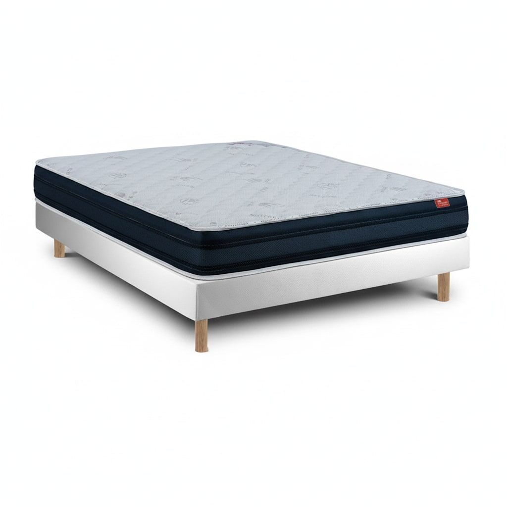 Conjunto viscoflex ortopédico e sommier 200 x 160 cm — colchão 22 cm, sommier monobloco com pés de madeira 15 cm, altura total 52 cm.