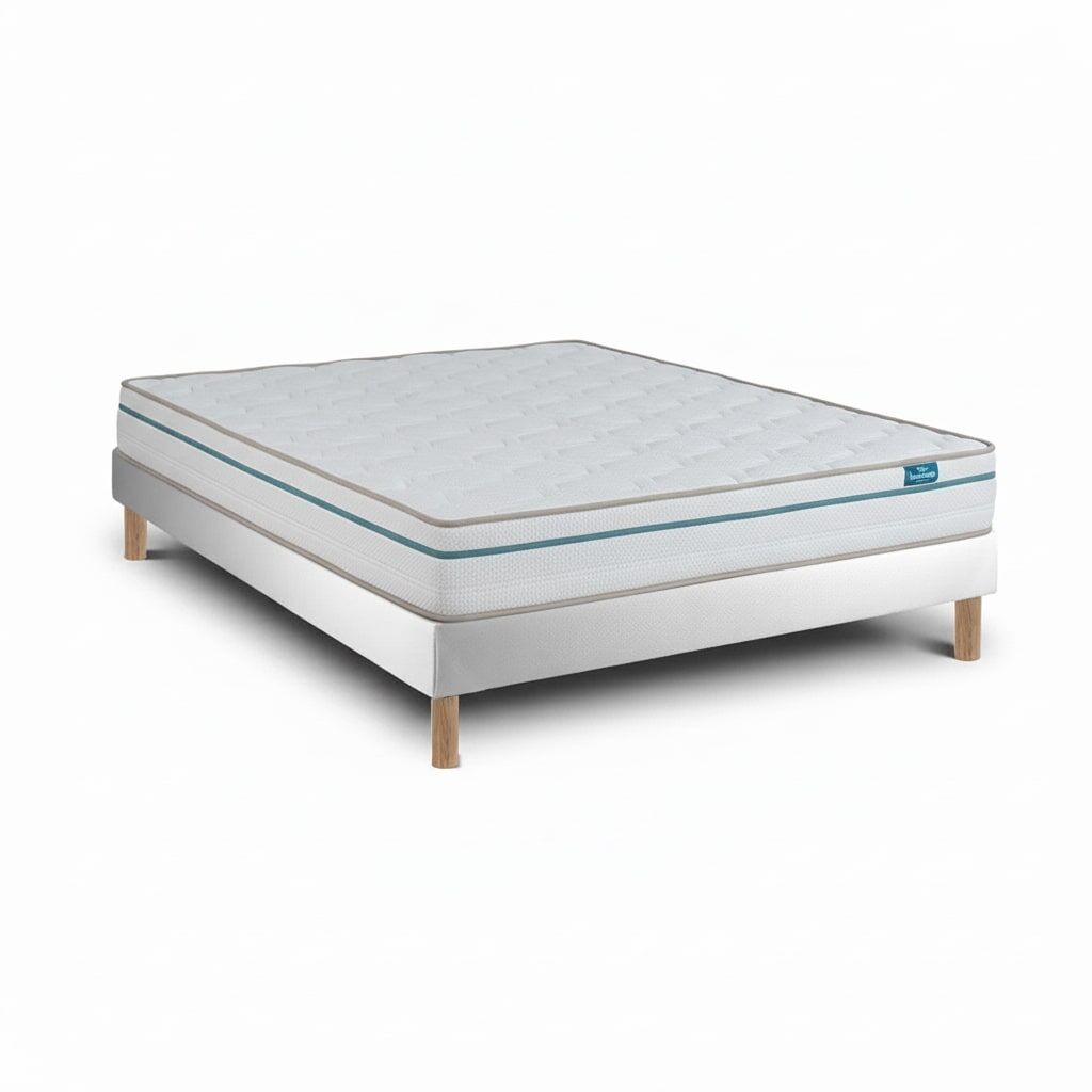 Leafsleep cloud one 200 x 105 cm — colchão 21 cm e sommier 15 cm, altura total 51 cm, madeira clara.