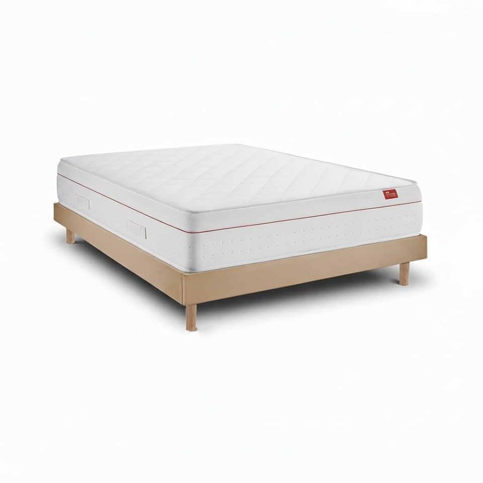 Conjunto deluxe ortopédico milano taupe 190 x 105 cm, colchão de molas ensacadas 27 cm, estrado de ripas e pés em madeira 15 cm, altura total 57 cm.
