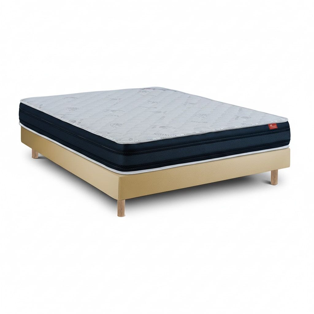 Conjunto viscoflex ortopédico 190 x 120 cm, colchão 22 cm + sommier de ripas com pés de 15 cm, altura total 52 cm, bege.