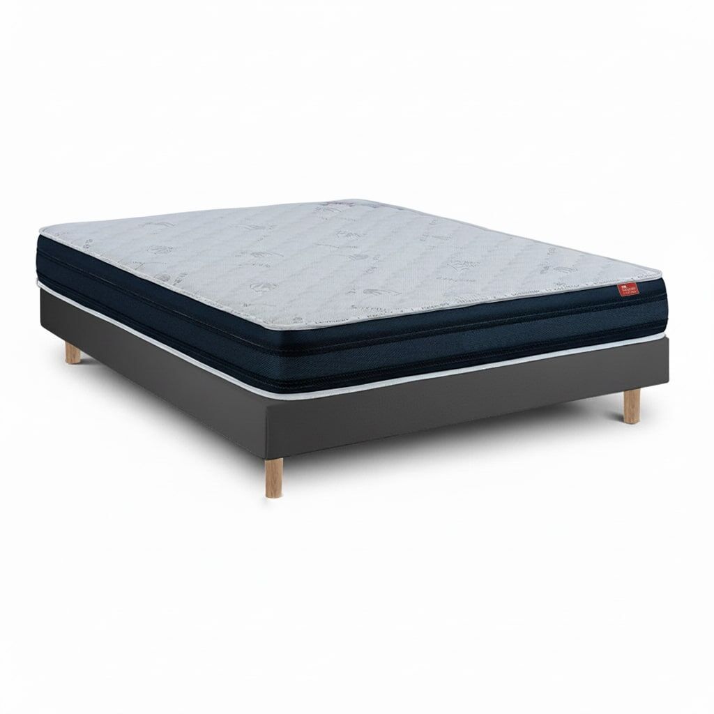 Conjunto viscoflex ortopédico com sommier monobloco, pés 15 cm, 190 x 120 cm, altura 52 cm, madeira clara.