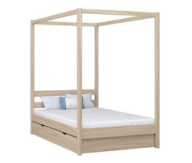 Cama individual de carvalho com dossel e gaveta n01 carvalho branqueado