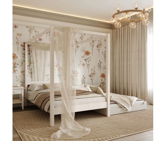 Cama individual de madeira com dossel e gaveta para colchão extra n01 branco